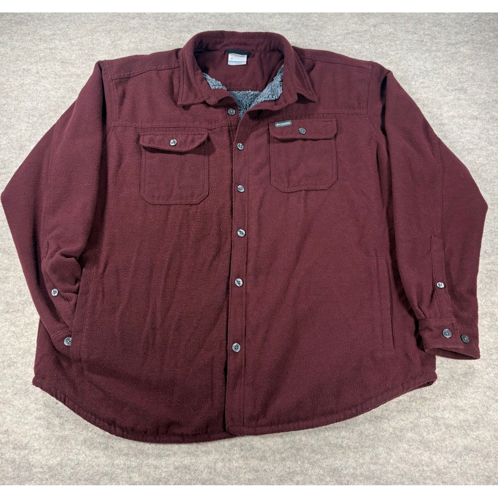 Columbia Mens XXL Burgundy Sherpa Lined Fleece Shirt Jacket Maroon Heavyweight